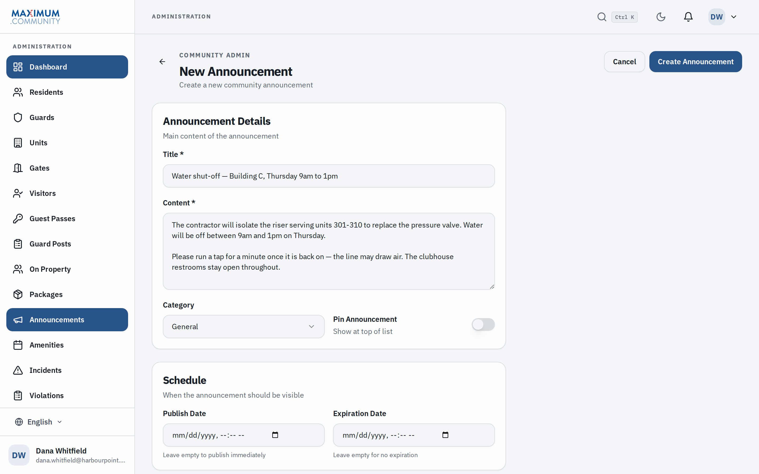 Writing a community announcement: a title and body about a water shut-off, a category, a pin-to-top switch, and publish and expiry dates