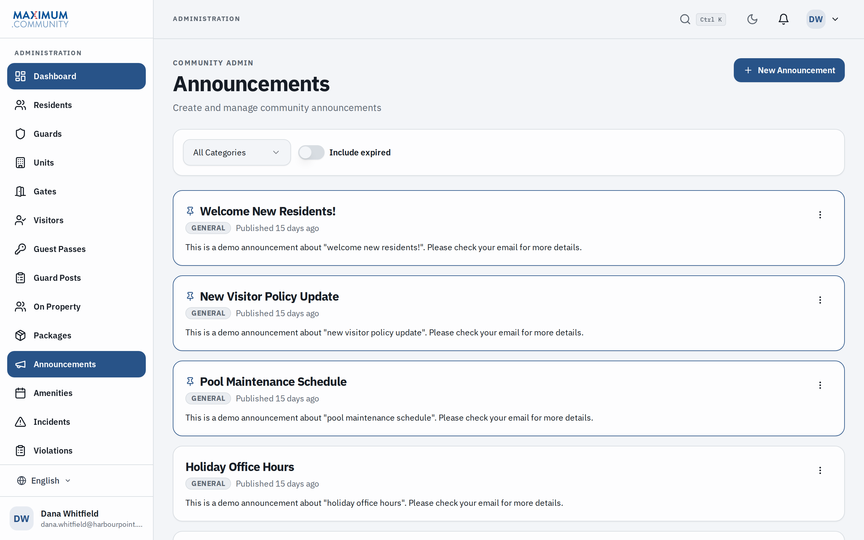 Community announcements composed by the board
