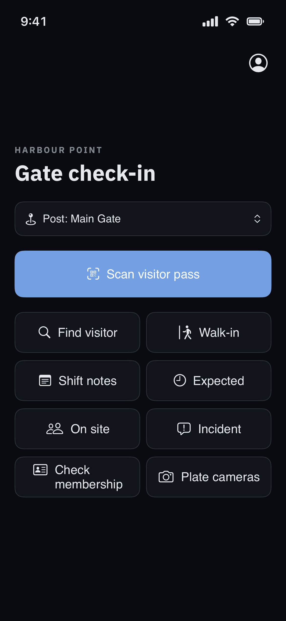 The guard’s home screen for a community’s main gate: a large Scan visitor pass button, then Find visitor, Walk-in, Shift notes, Expected, On site, Incident, Check membership and Plate cameras.