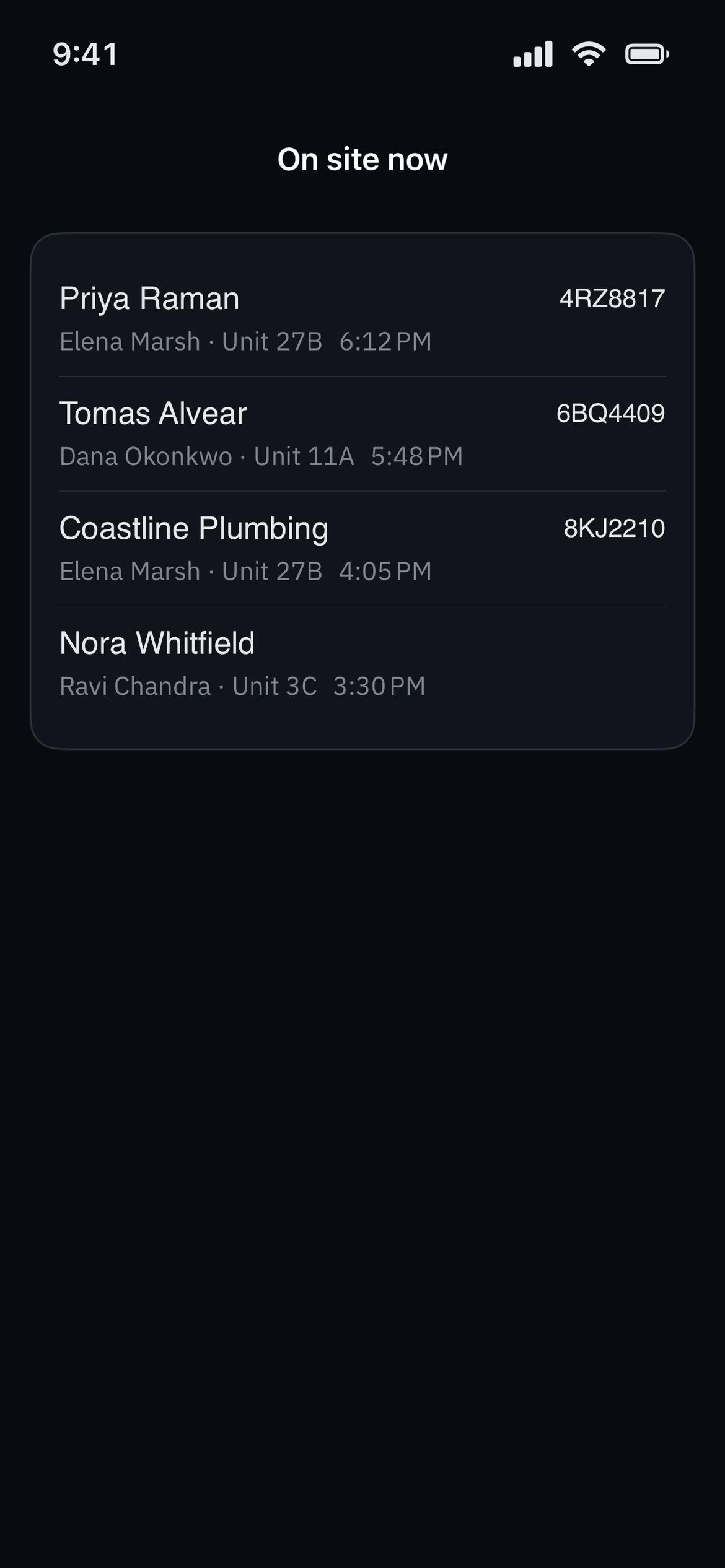 The On site now list: four visitors, each with the resident they are visiting, the unit, the time they came in and, where there is one, the plate.