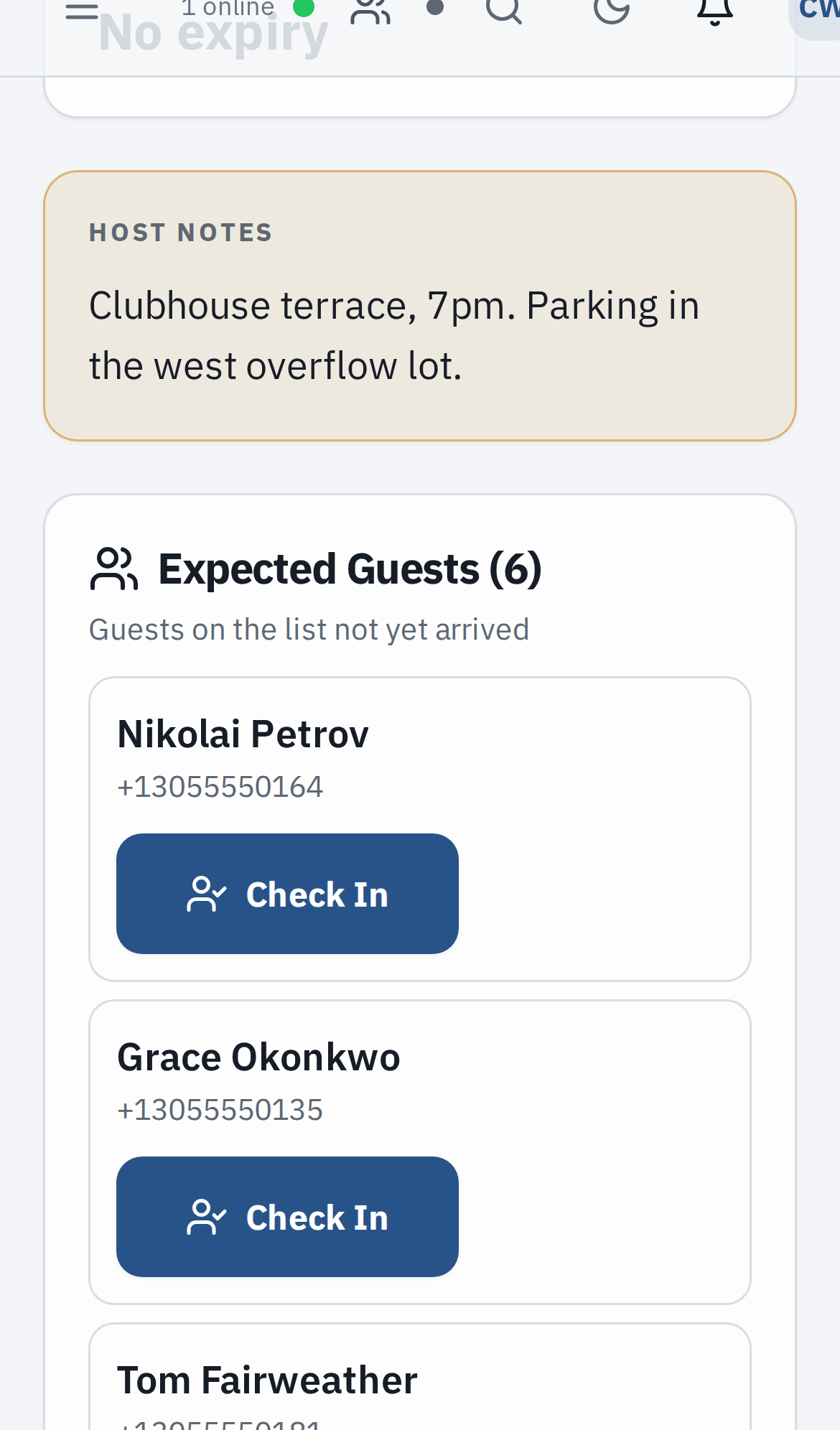 A guard’s party guest list on a phone: the host’s note about where guests should park, a count of guests still expected, and a full-width Check In button beside each name.