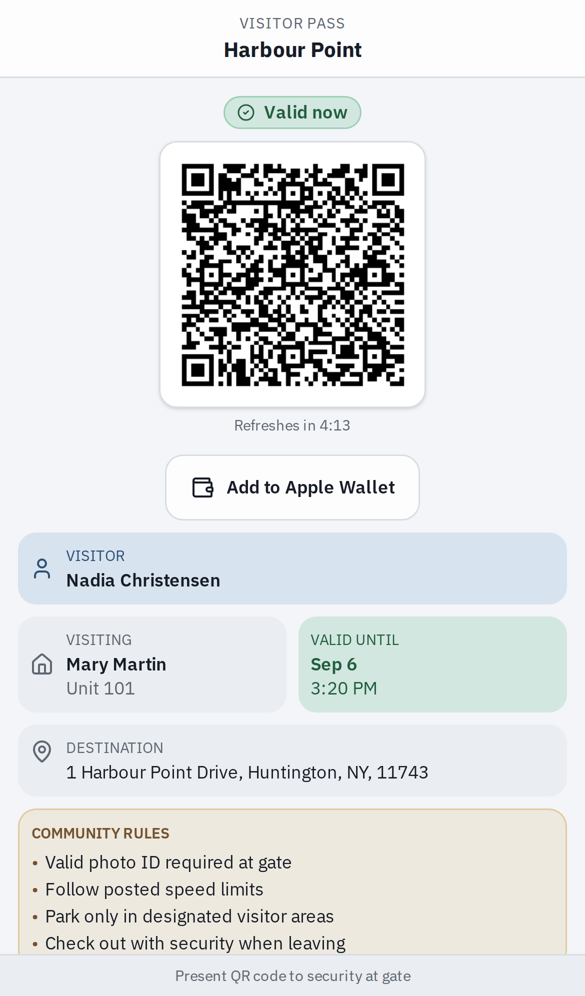 The pass a guest receives: a QR code, the entry code, and Add to Apple Wallet.