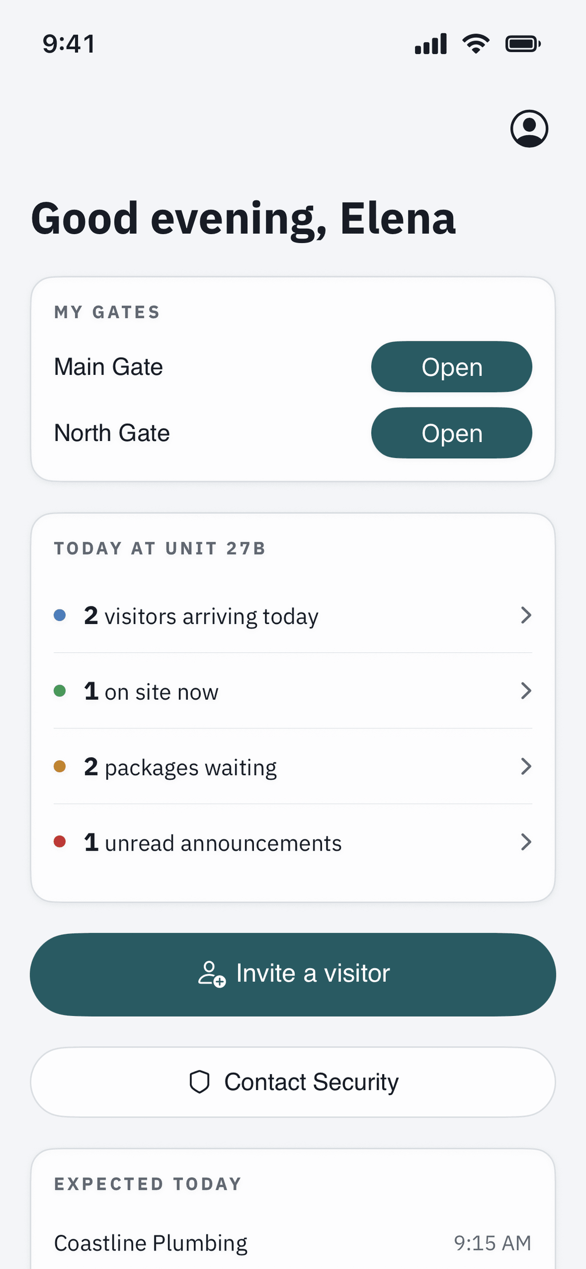 Resident home screen showing who is on site and unread announcements