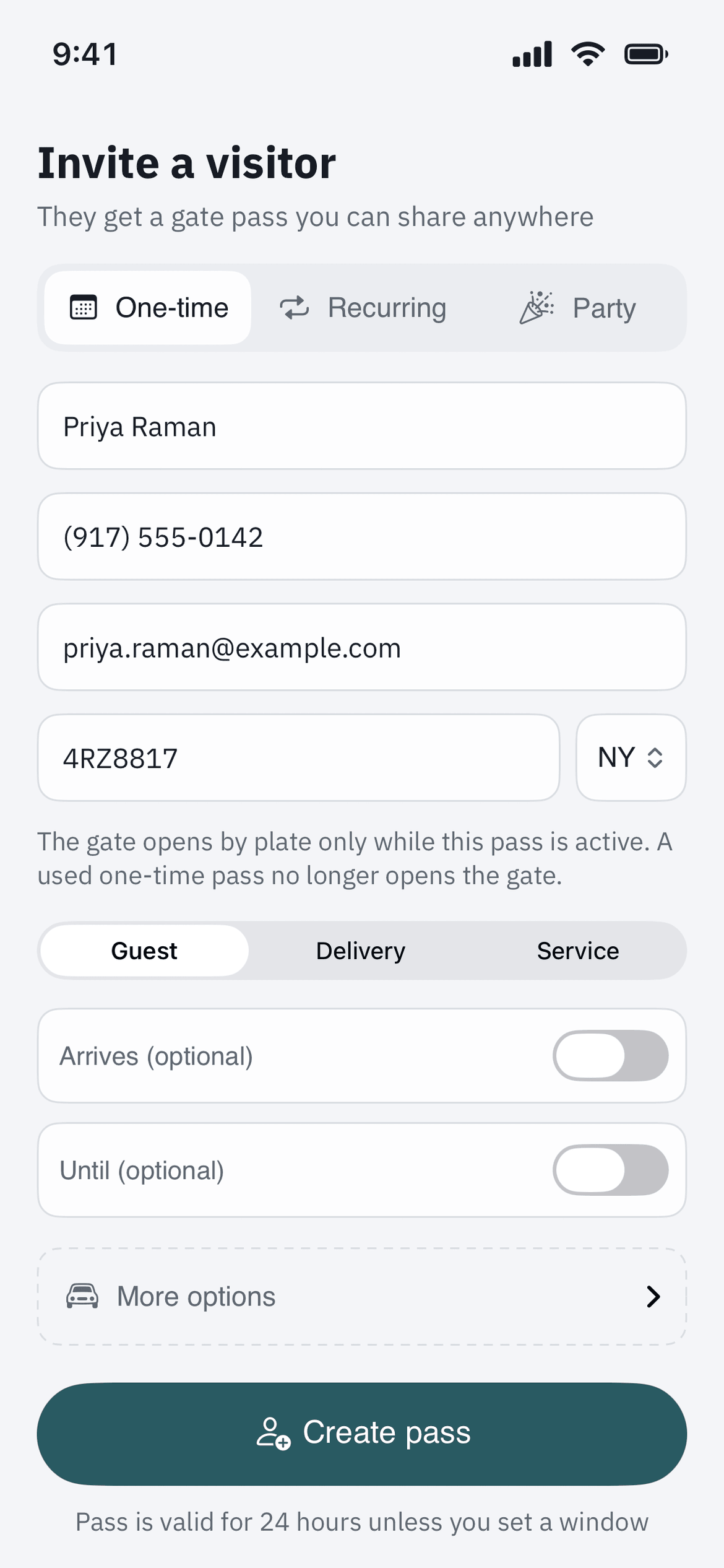 The resident app: inviting a visitor with name, phone, email and plate.