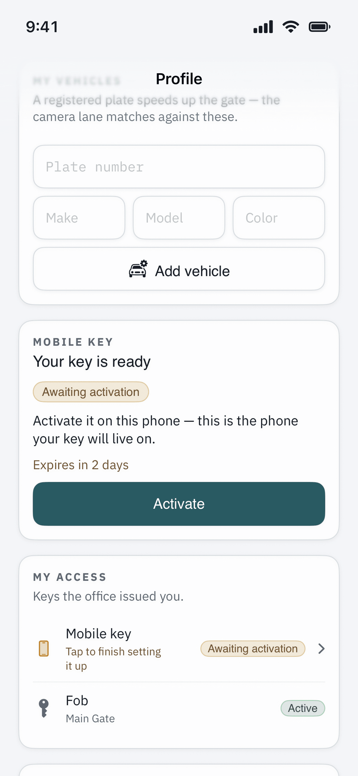 A notice in the app saying a mobile key is ready to activate