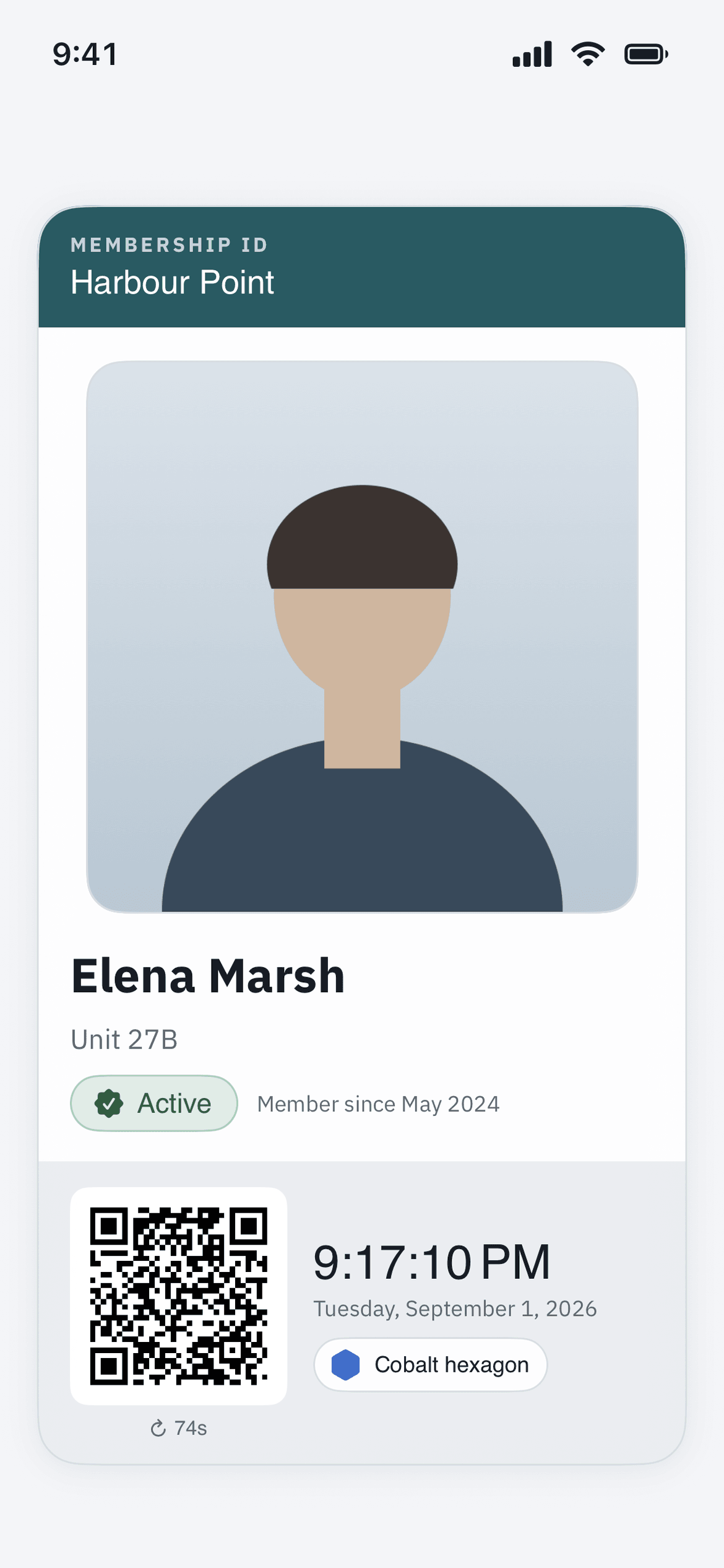 A membership ID card showing a photo, name, unit and a rotating code