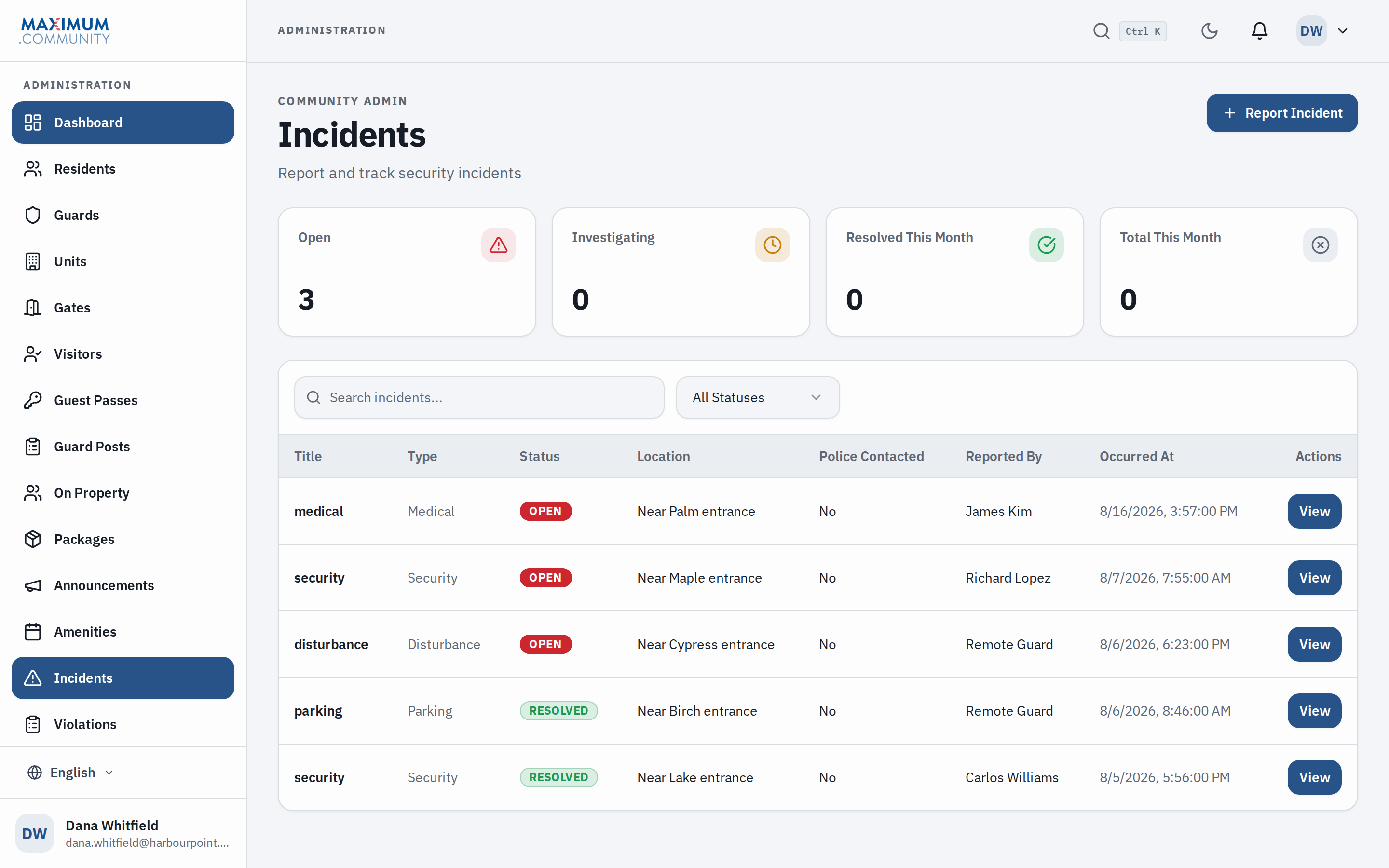 The incident log with severity and status