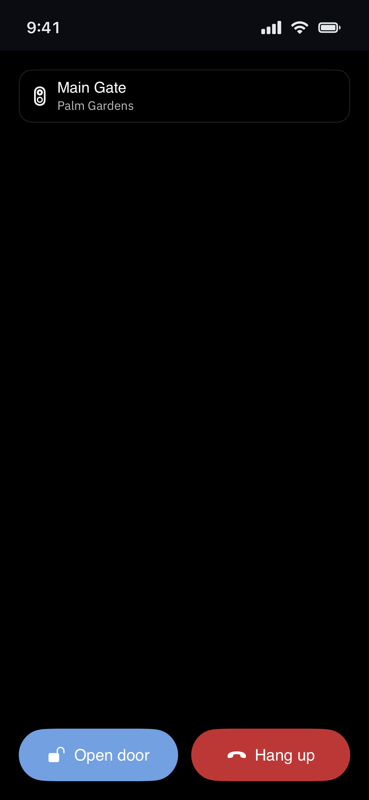 An incoming door call on an iPhone: a card at the top naming the gate the call came from and the community, and Open door and Hang up buttons across the bottom. The video pane between them is still black, because the call is connecting.