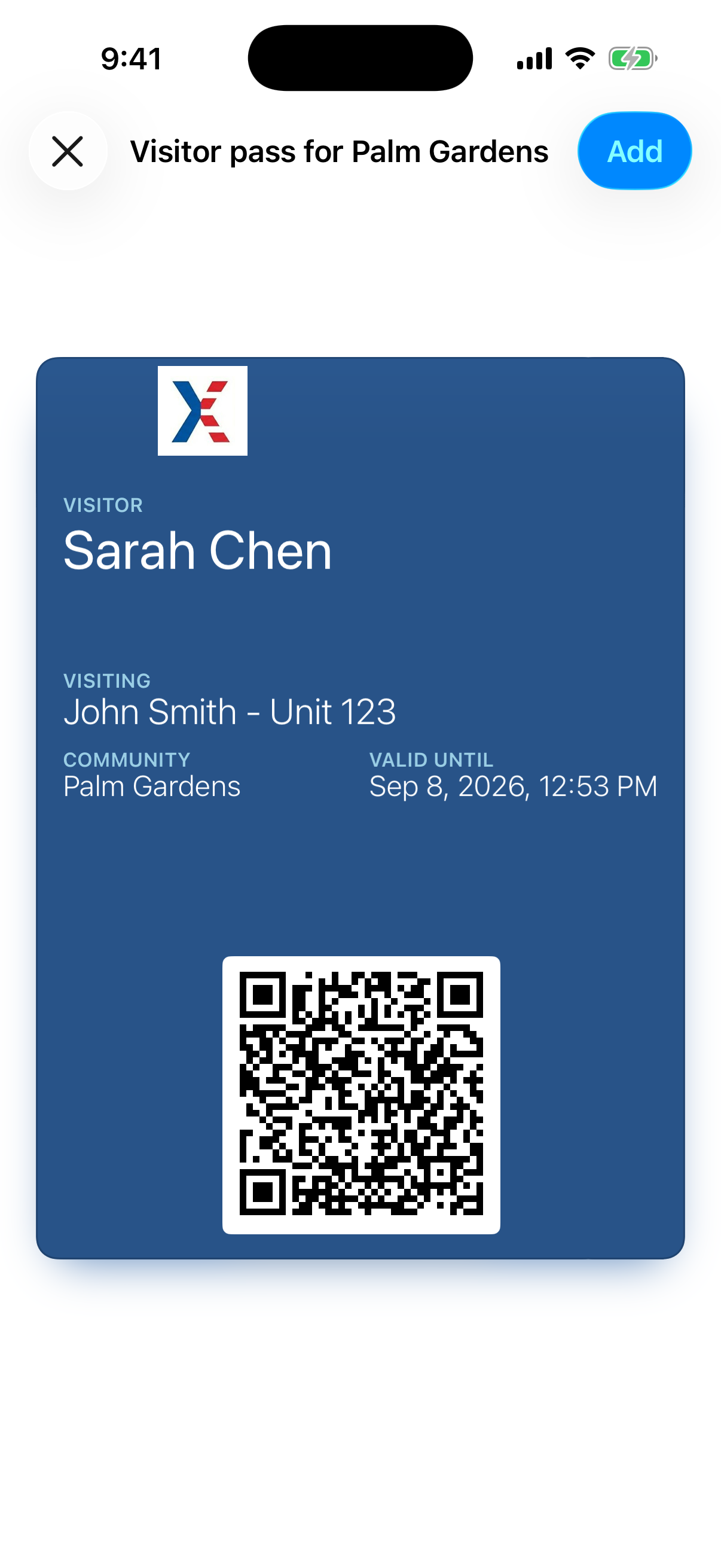 Apple’s add-to-Wallet sheet on an iPhone, showing a signed visitor pass with the visitor’s name, the resident and unit being visited, the community, a valid-until date and time, and a QR code.