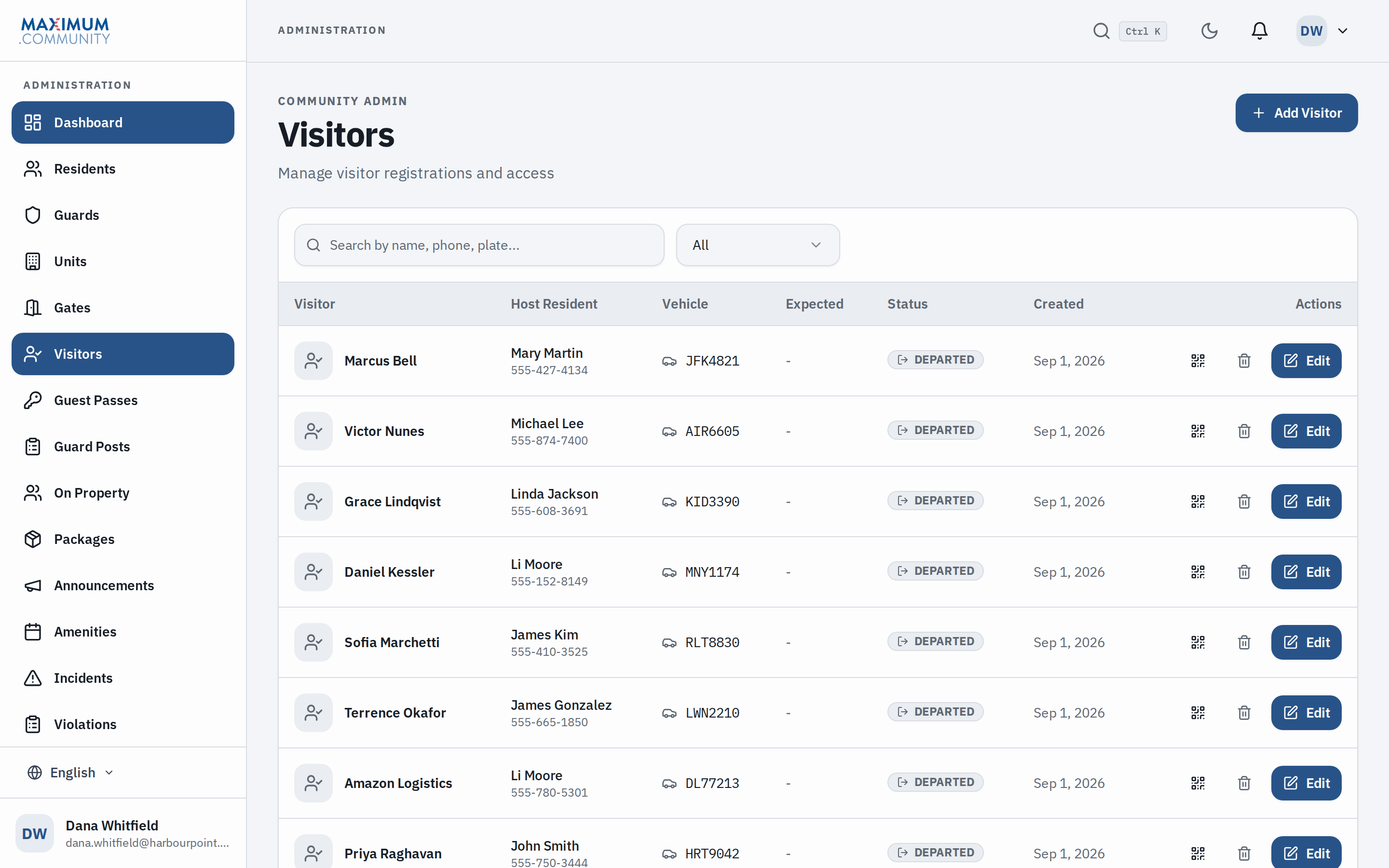 The Visitors screen: every visitor with host, vehicle and status, searchable by name, phone or plate.