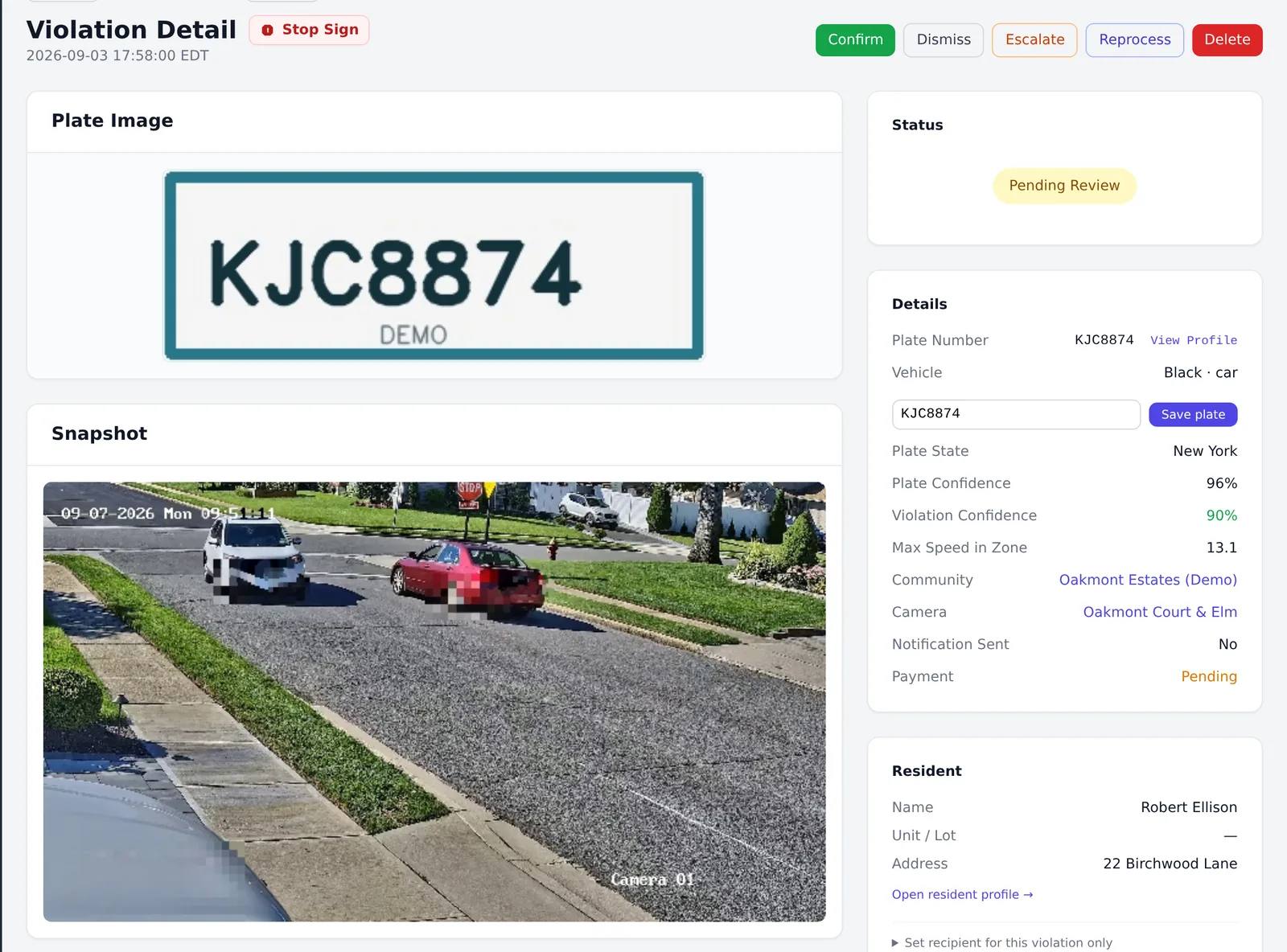 A violation record showing the pixelated plate image, a roadway snapshot, and details including the speed through the zone, confidence and the matched resident.