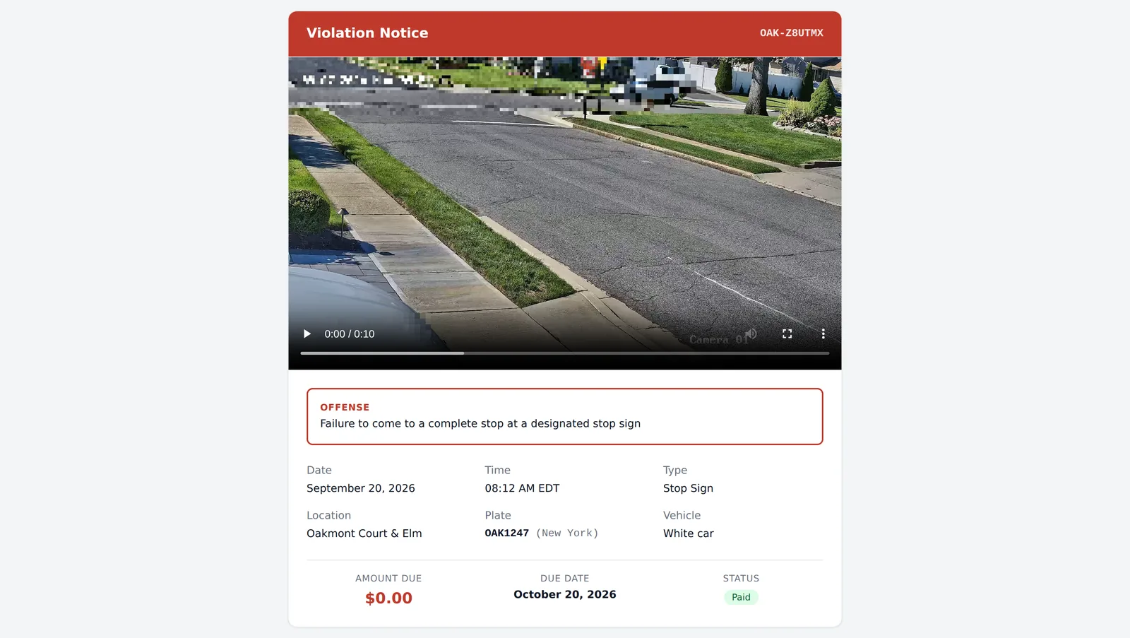 The page a driver receives: a violation notice with the video, the offence described in plain language, and the date, time, location and vehicle.